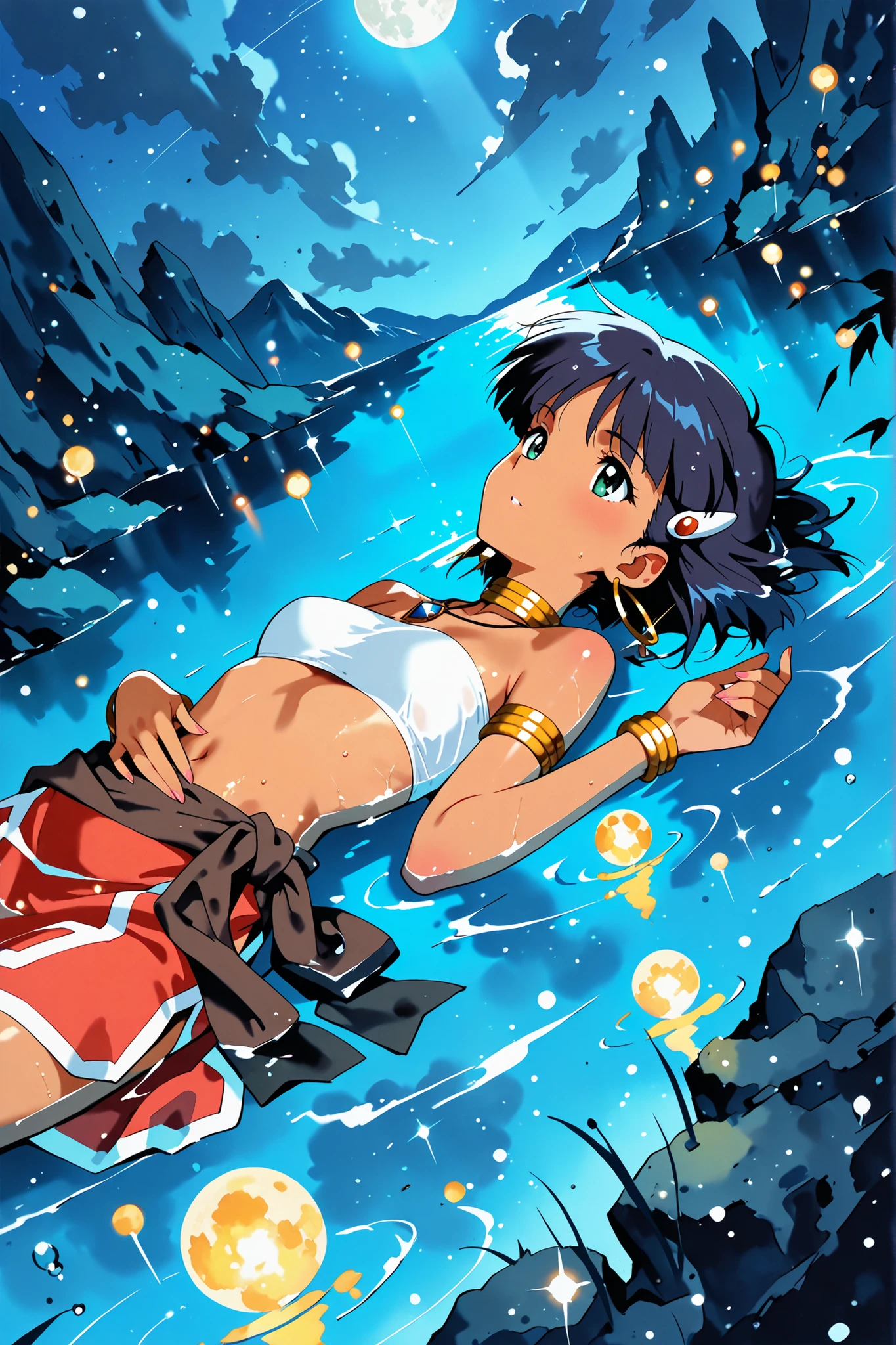 (masterpiece, best quality, ultra-detailed, anime-style, cinematic lighting), Nadia La Arwall from "Nadia: The Secret of Blue Water", lying on her back on a calm water surface, arms slightly spread, her body floating peacefully at the center of circular ripples, water glowing with magical light, soft sparkles and shimmering particles, gentle waves forming a spiral pattern, dreamy and fantastical atmosphere, moonlight reflecting on water