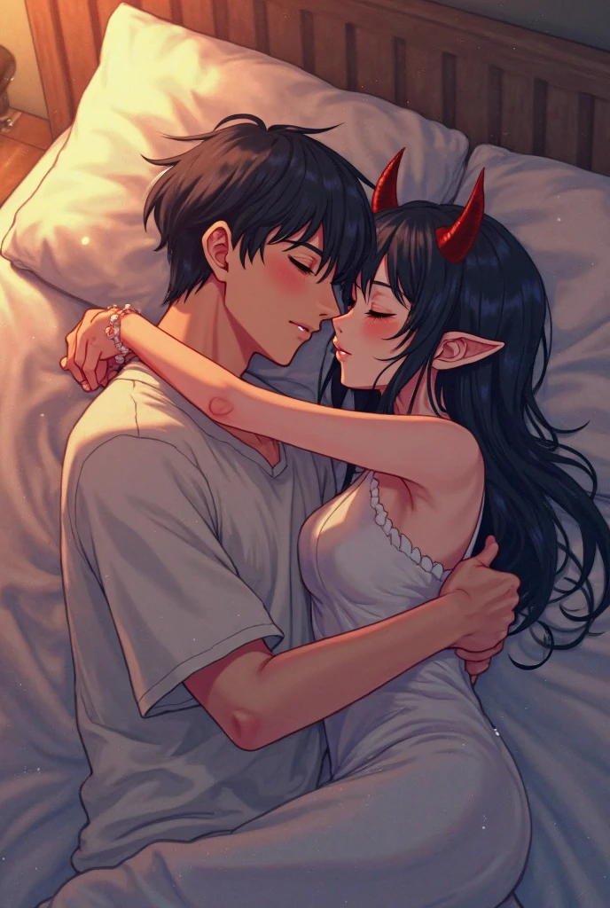 A mature woman with very long black hair with white highlights,white horns,green eyes, devil tail, Wearing just a white nightgown lying on top of a boy with black hair,in a ((bedroom)), blushing girl,shy girl, medium breasts, ((night time)), black hair boy, 1boy, 1girl, kissing, ((couple)), grey eyes boy