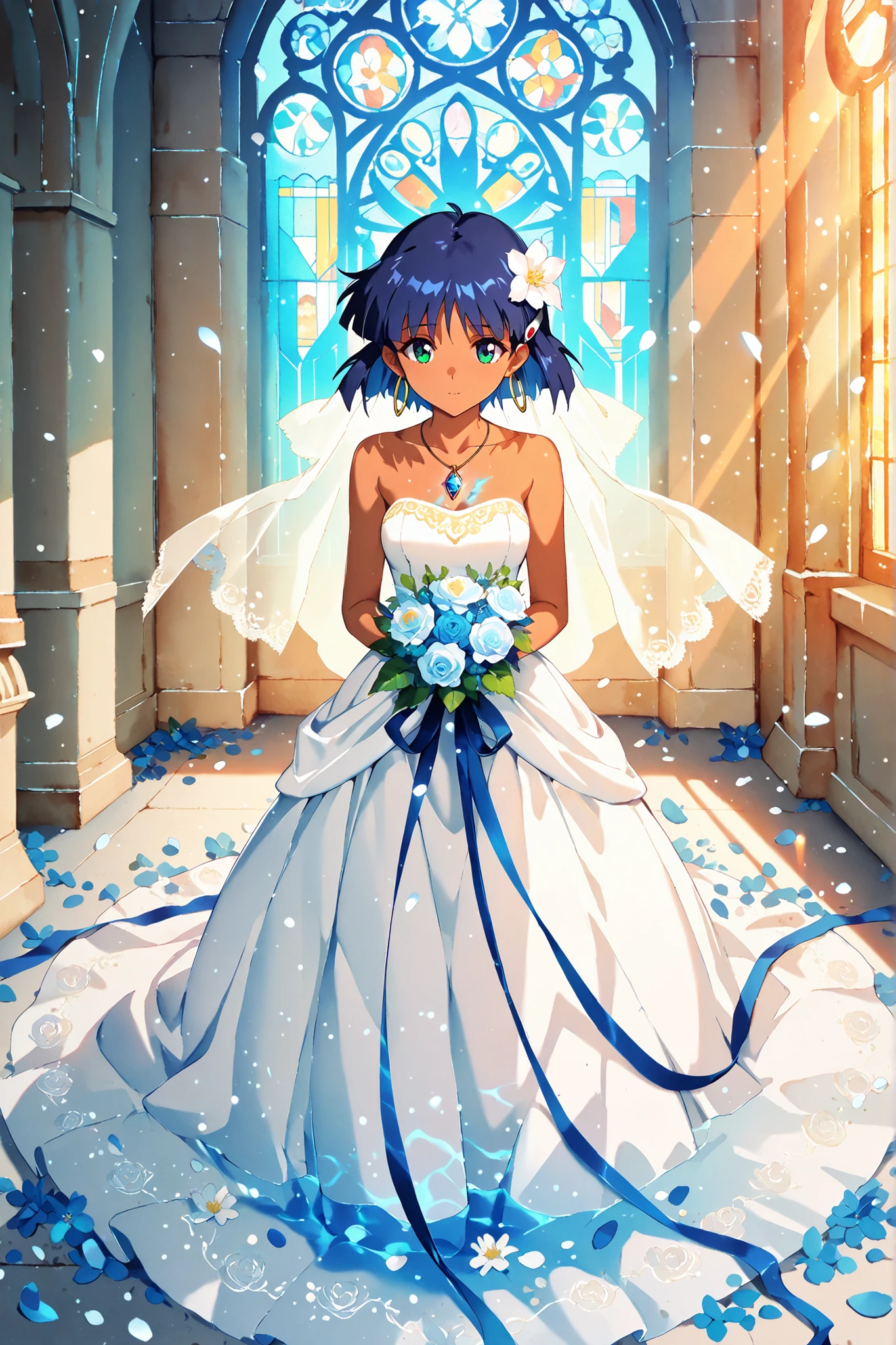 (masterpiece, best quality, ultra-detailed, anime-style, cinematic lighting), Nadia La Arwall from "Nadia: The Secret of Blue Water", standing at the entrance of a grand cathedral, wearing an elegant white wedding dress with lace and subtle gold embroidery, her indigo-blue hair has grown longer and is beautifully tied up in a formal bridal style, a glowing Blue Water crystal pendant rests at her chest, holding a beautiful bridal bouquet of pastel-colored roses and lilies with trailing ribbons, soft and joyful expression, glowing stained glass windows behind her, magical light rays shining down from above, flower petals scattered on the ground, warm sunlight streaming through high arched windows, fantasy wedding ambiance, serene and sacred atmosphere