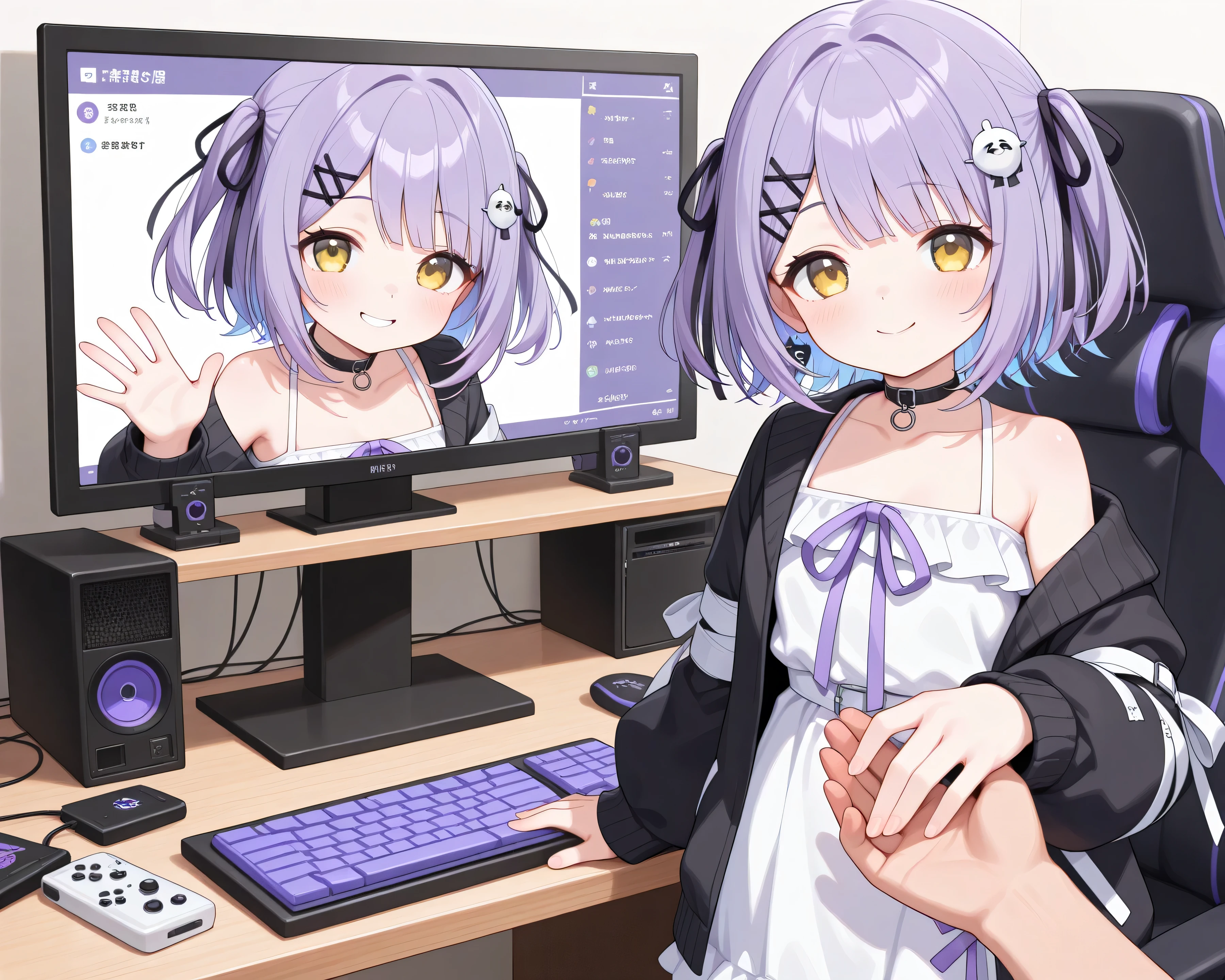 (best quality,amazing quality,very aesthetic,absurdres,newest,4k,8k), shinomiya runa, 1girl, virtual youtuber, purple hair, two side up, short hair, yellow eyes, hair ribbon, black ribbon,hair ornament, hairclip, black choker, white dress, frilled dress, frilled skirt, sleeveless, purple ribbon, black jacket, open jacket, off shoulder, bandages, long sleeves, gaming PC on desk, distribution screen,(hand shake:1.0),(smile:1.5),(upper body focus:1.1)