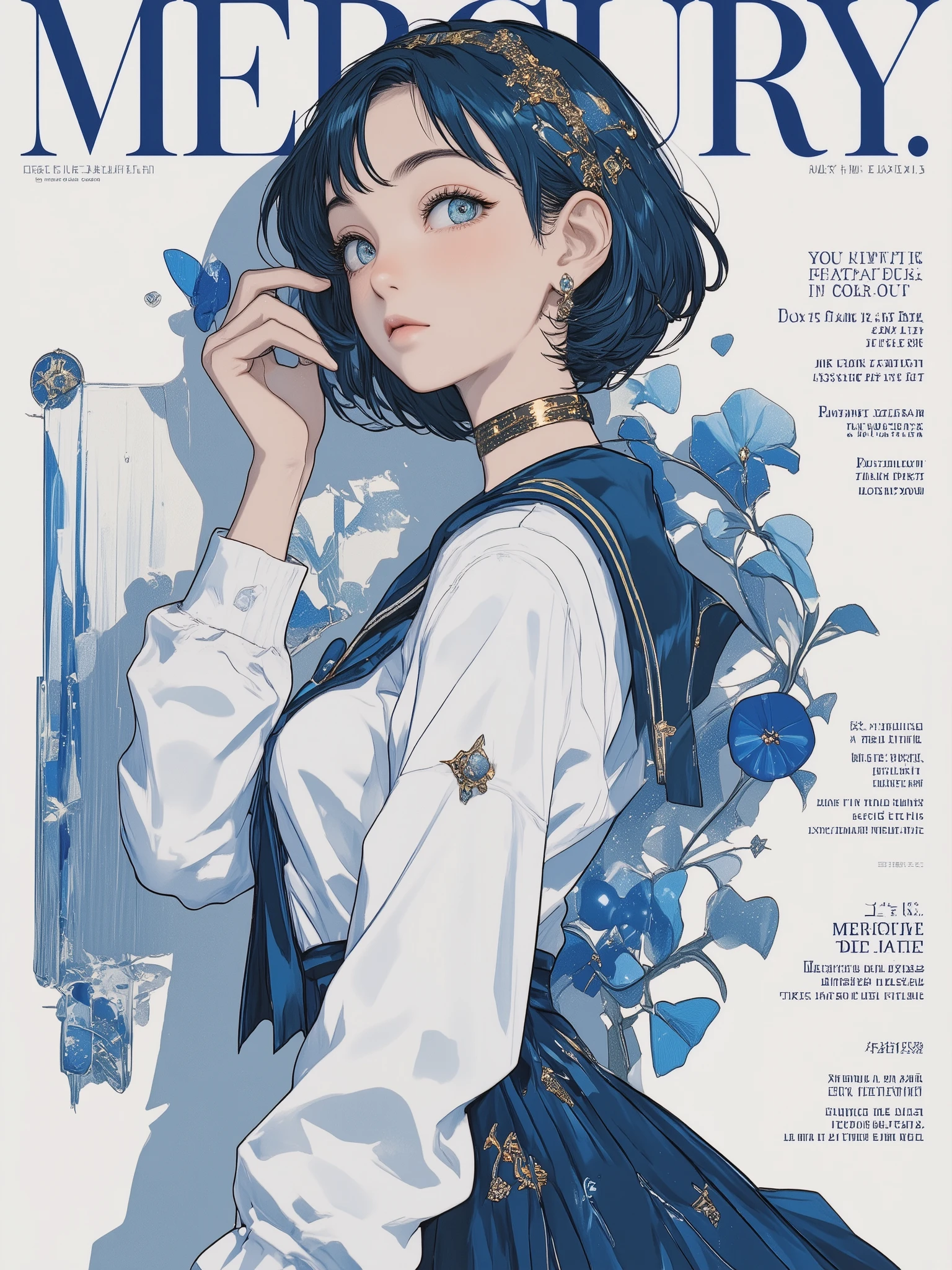 fashion magazine cover featuring a close-up portrait of a young woman inspired by a magical anime heroine, with short dark blue hair and side-swept bangs, wearing a sleek blue and white sailor-style outfit with a pleated skirt, structured collar, and a delicate gold tiara with a blue gemstone on her forehead
she gazes calmly and intelligently, set against a minimalist monochrome background with soft cinematic shadows and poetic lighting, the composition styled like a high-end poetry-themed fashion editorial
the magazine title “Mercury” is placed at the top in elegant serif typography, with cryptic and elegant poetic phrases such as “You can’t read this, but you feel it.” and “A prayer stitched in velvet.” arranged artfully around her, evoking a surreal and introspective atmosphere
inspired by art zines and experimental typography, stylized magazine layout, ultra-detailed textures, trending on ArtStation, best quality, aidmamj6.1