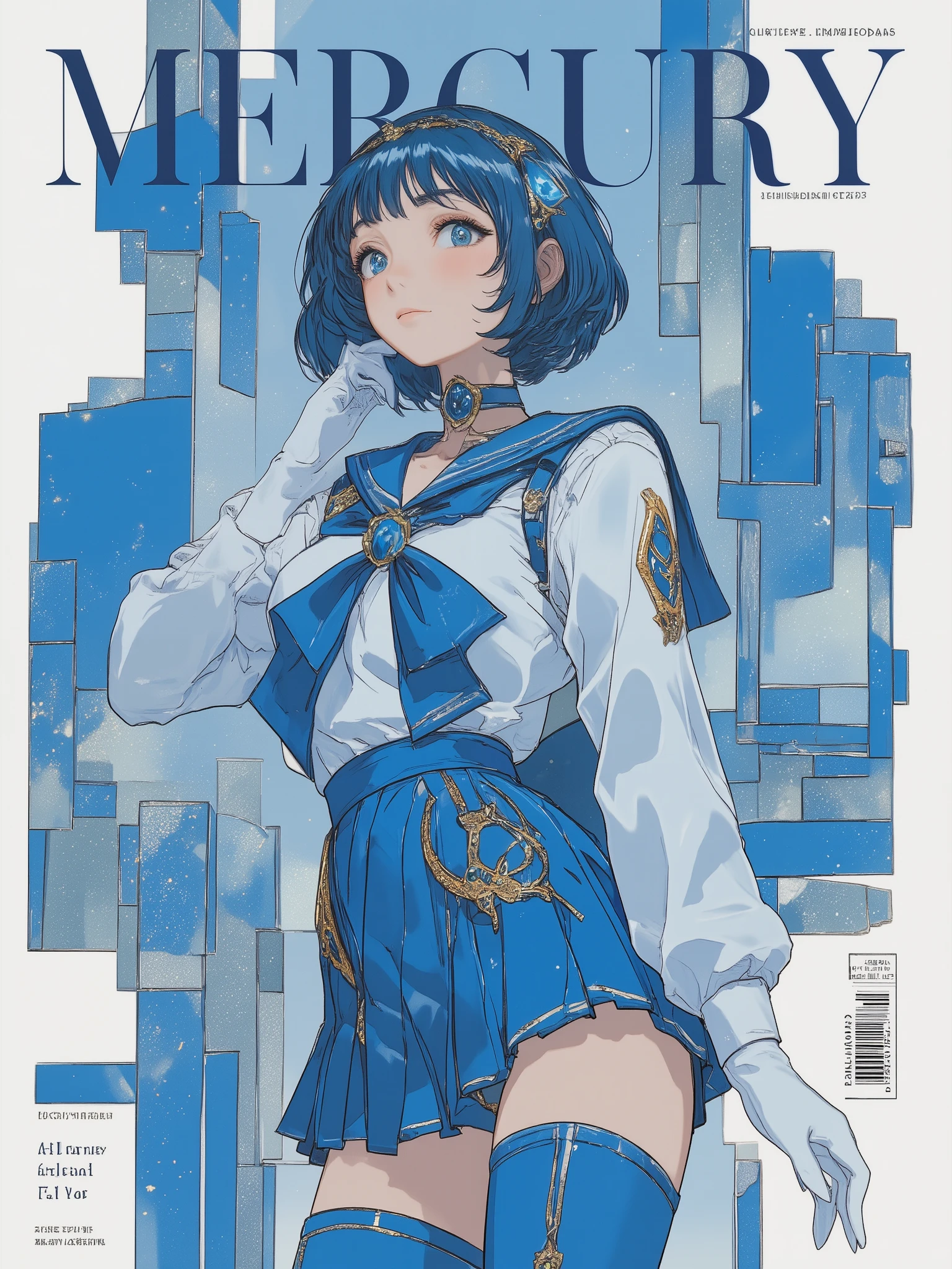 fashion magazine cover featuring a close-up portrait of a young woman inspired by a magical anime heroine, with short dark blue hair and side-swept bangs, wearing a sleek blue and white sailor-style outfit with a pleated skirt, structured collar, and a delicate gold tiara with a blue gemstone on her forehead

she has a faint smile and a serene, thoughtful expression, standing against a minimalist monochrome background tinted with icy tones and soft silver highlights, evoking a cool and poetic atmosphere

the magazine title “Mercury” appears at the top in elegant serif typography, accompanied by cryptic poetic phrases like “You can’t read this, but you feel it.” and “A prayer stitched in velvet.” arranged artfully around her, resembling a high-end poetry-themed fashion editorial

inspired by art zines and experimental typography, stylized magazine layout, icy muted blue palette, cinematic lighting, ultra-detailed textures, trending on ArtStation, best quality, aidmamj6.1