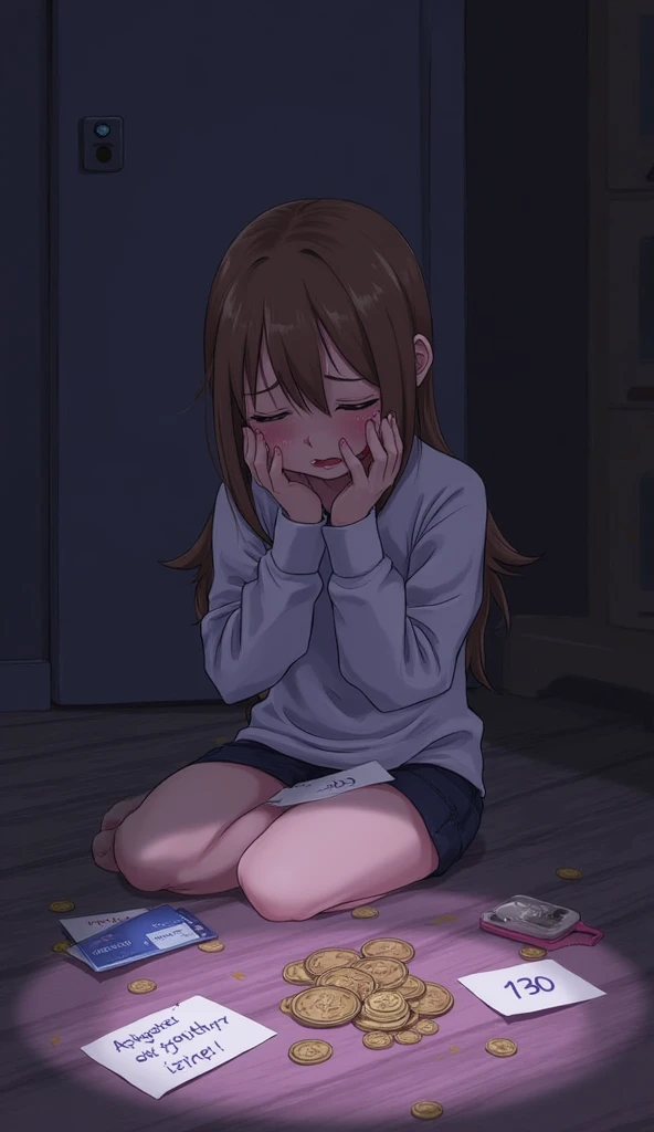 <lora:fnaf cassie-06:1> cassie, detailed background, holing flashlight, dark, scared, crawling, sitting on floor, crying, scared crying facial expression, masterpiece, best quality