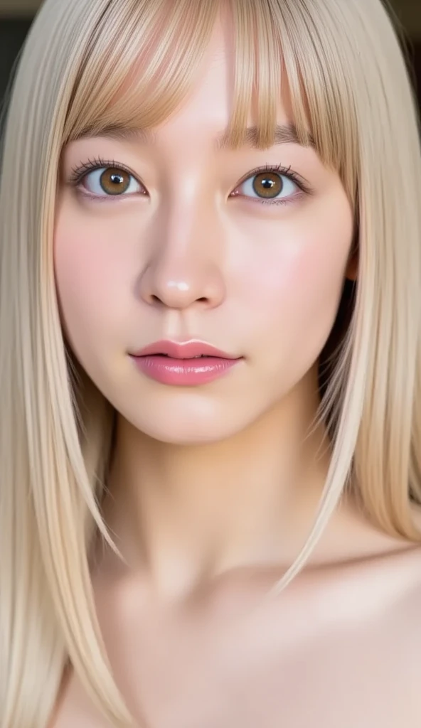    Silky Smooth Hair   、 his hairstyle is straight 、long bob hair、Naked woman with visible nipples、Light blond color、face close-up