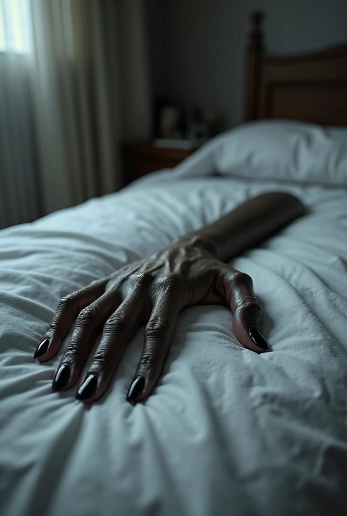 A life-sized demon hand slowly descending toward a female navel on a slim naked sweaty female body on a bed. The hand should be highly detailed and realistic, with its demon scales and delicate body clearly visible. The female navel should be in focus, with sharp details such as the navel and the texture of the stomach. The scene should convey a sense of closeness and tension, capturing the moment as the demon hand approaches the navel. She is naked, sweaty. busty boobs, slim waist. Zoomed out shot. Full body view, sweaty body, pubic hair, highly realistic, high details, high details