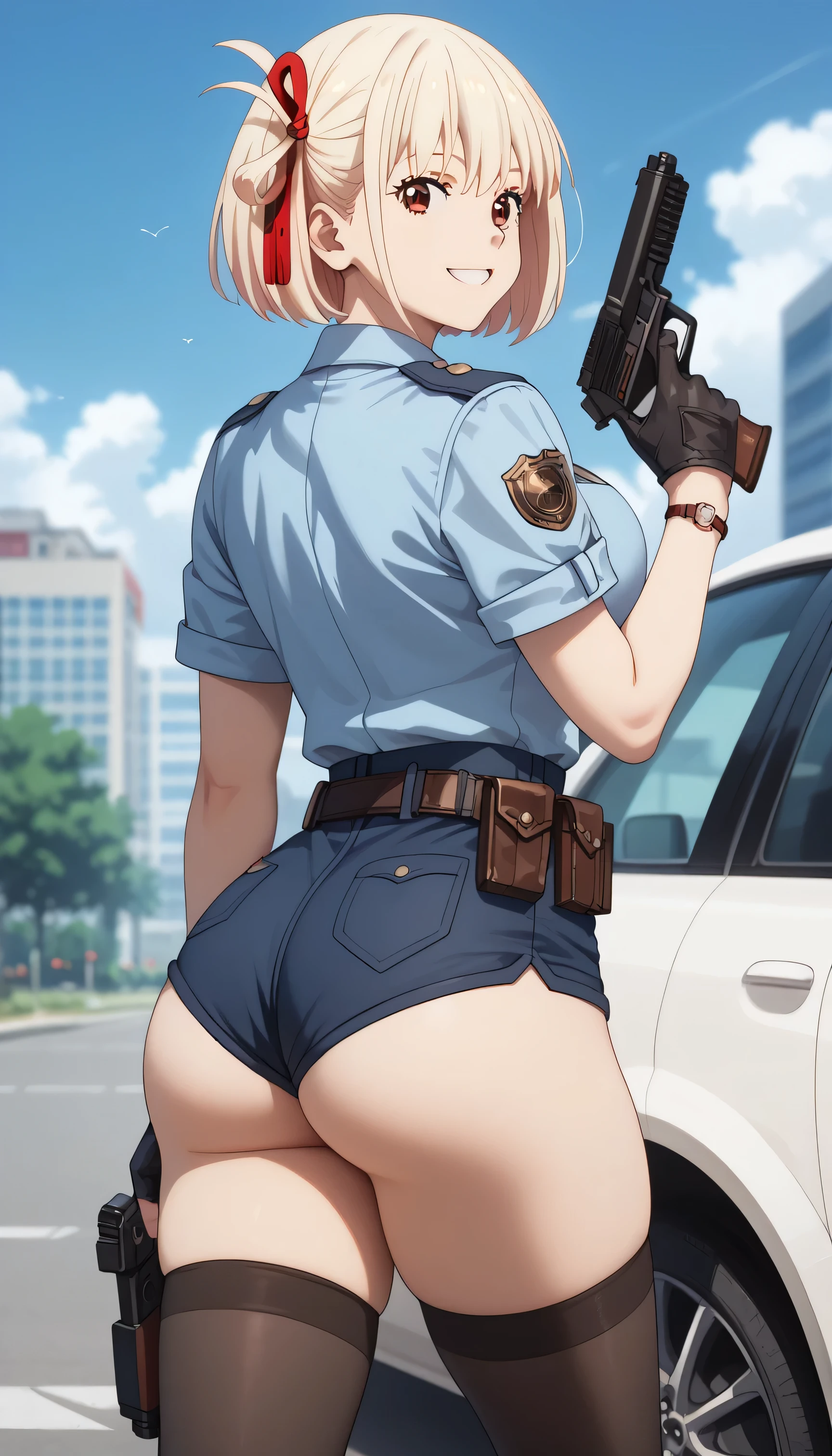 1woman, tanned skin,(police outfit), blonde pixie cut, police hat, hourglass figure, from behind pov