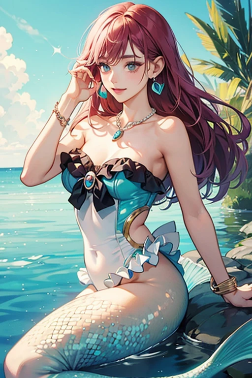 8k, exteremely detailed, masterpiece, 1girl, nsfw, hot sexy long red hair, hair floating in the water, wet, tan skin, green eyes, detailed face, large sized breast, bra made out of seashells, cleavage, (shimmering mermaid body), wearing seashell necklace, background is underwater, shipwreck, dark, lacking light, treasure chest, shining goldand jewelry,