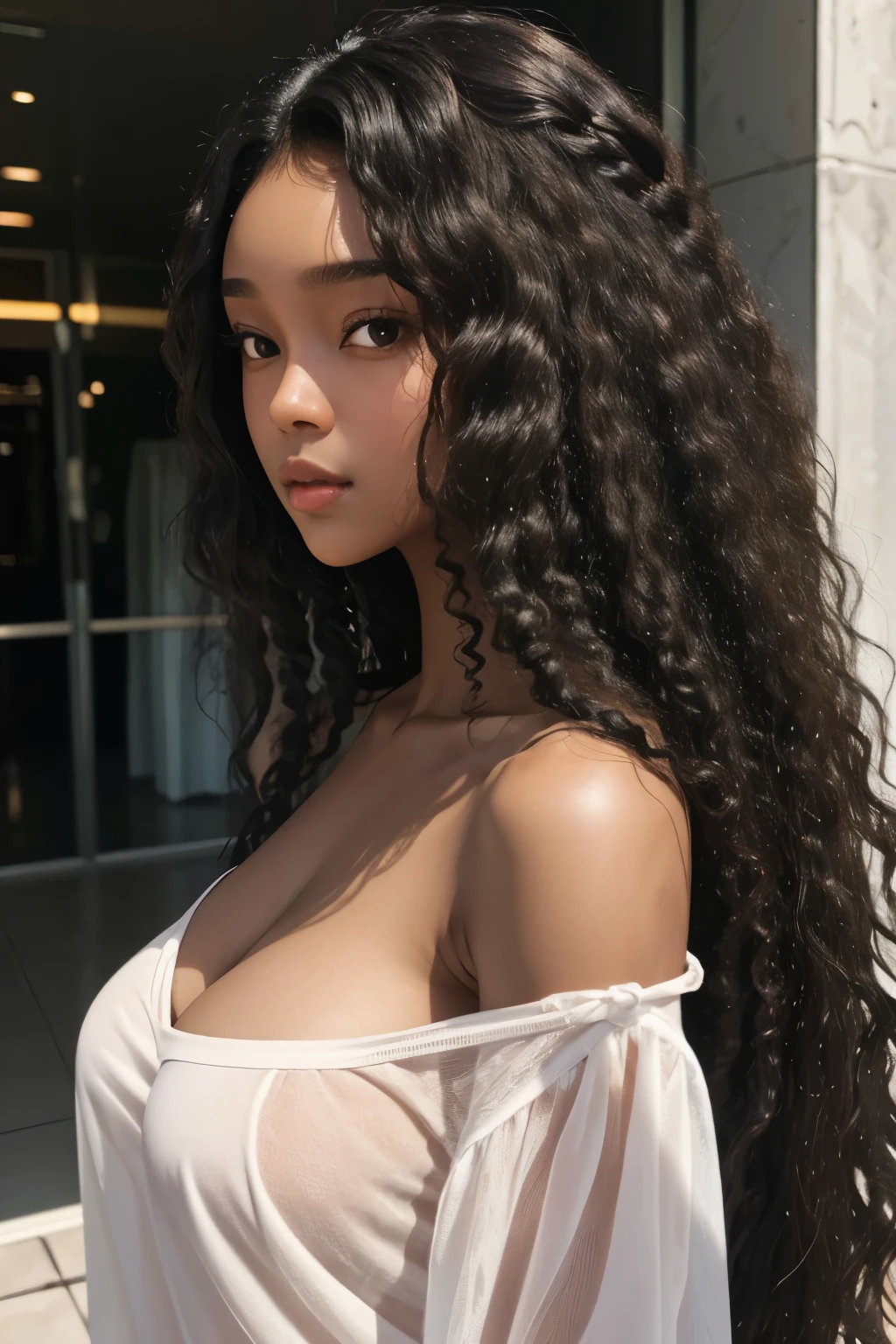 masterpiece, best quality, beautiful black and Asian mixed 19 year old, brown skin female, long, frizzy, curly black hair, perfect face, half body, long hair, melanin, curly dark hair