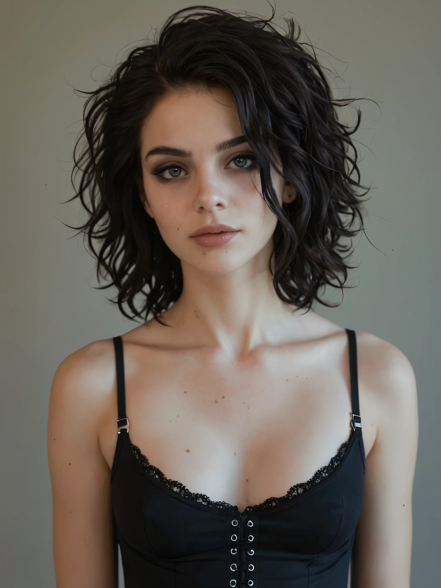 best quality, incredible quality, ultra realista, soft lighting, Messy hair, Gothic neutral makeup,  beautiful face, texture, light-eyed, thesis Clara,  black blouse