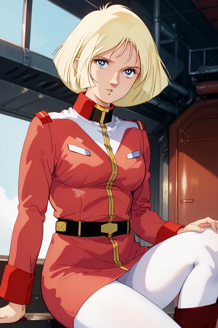 A woman is standing inside a battleship bridge、solo,dk_sayla, 1980s \(style\), parody、blond hair、blue eyes、bob cut、red military jacket, long sleeves, belt, white leggings, red knee boots, military uniform、cel_mikimoto