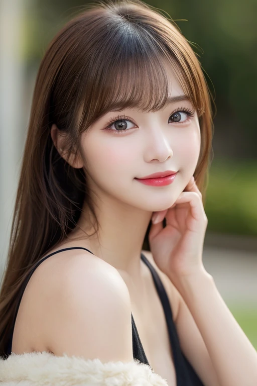 Tabletop, highest quality, shape, Very detailed, finely, High resolution, 8k wallpaper, 完璧なダイナミックな構shape, Beautiful and exquisite,ランダムなcute髪,,Natural color lip, Bold sexy pose,smile、20-year-old girl、cute、Looking into the camera,Always blur the background,Perfect and beautiful face,Slim face and figure,Big eyes、Putting on gal makeup,Small face,Shooting from below、smile,Blurred Background,Elegant feminine face、Cyberpunk Fashion、Playing on the swings in the park