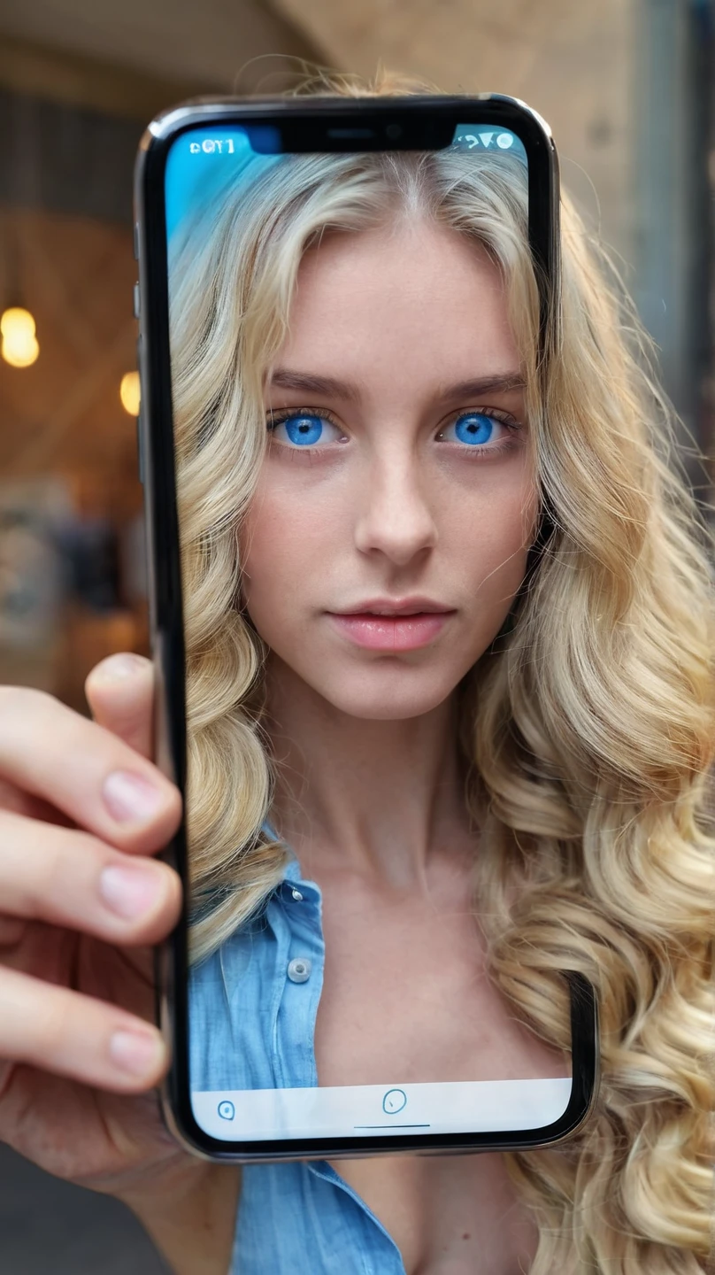Close-up, first-person view of a hand holding a modern smartphone. The smartphone screen displays a selfie of a beautiful young woman with striking blue eyes and long, wavy blonde hair. Focus on the detail of her face as seen on the screen. The background should be softly blurred to emphasize the phone and the selfie. Realistic lighting