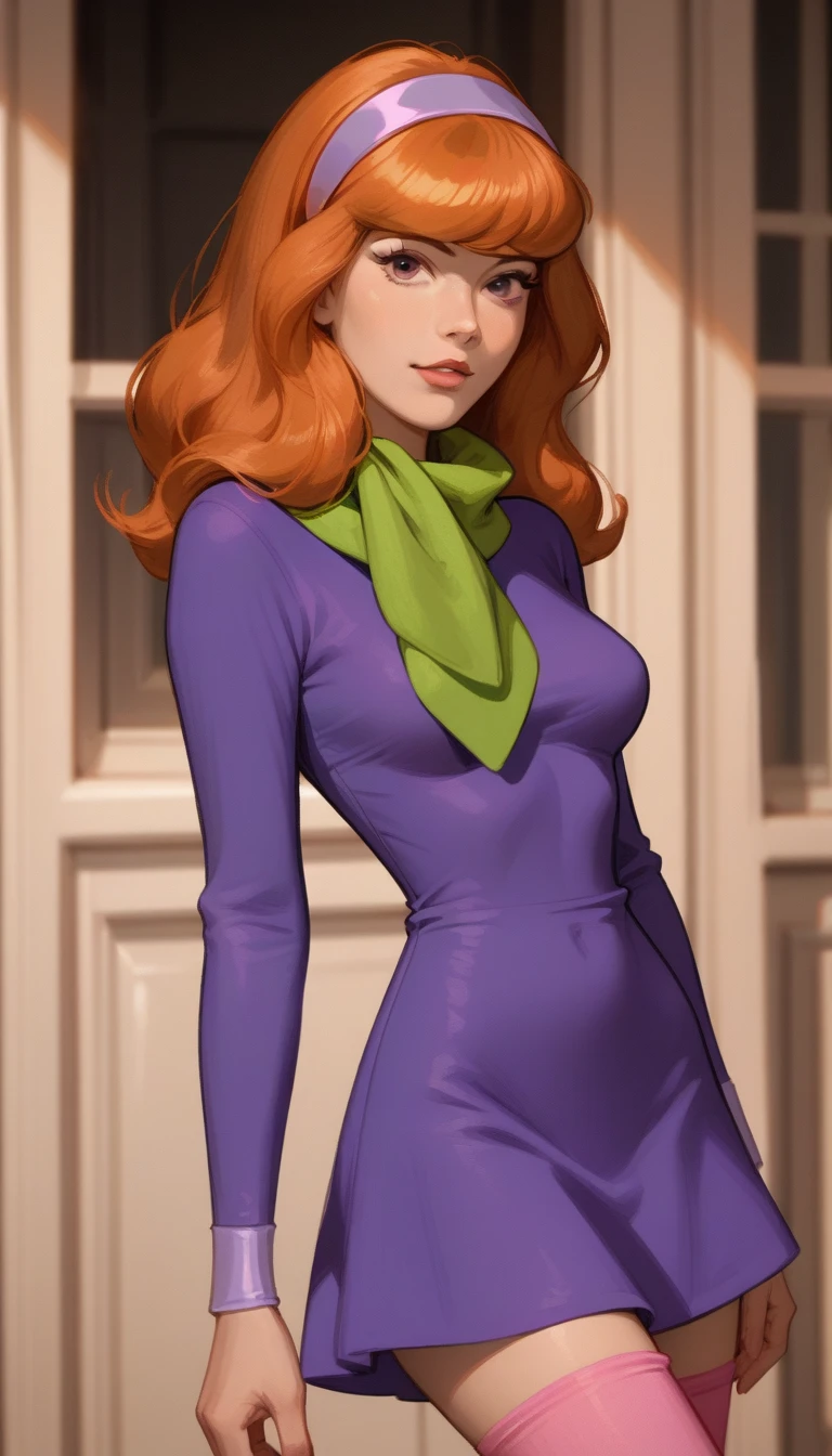 <lora:GoodHands-vanilla:1> ,   <lora:add_detail:1>, ((masterpiece)), (best quality:1.7), <lora:daphneblake-10:0.6> orange hair, hairband, long hair, blue eyes <lora:MyBreastHelperRS:1>, small breasts, ((long dark red dress that highlights her curves and a pearl necklace on her neck))))