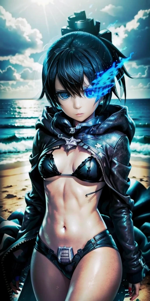 1_girl, solocurvasious. short, black hair. She has aqua blue eyes. wearing a pirate hat. tatoos on the side of her left thigh. Heart tatoo on her right breast. Wearing a black latex bikini, beach background,  splashing in the water,  top view 