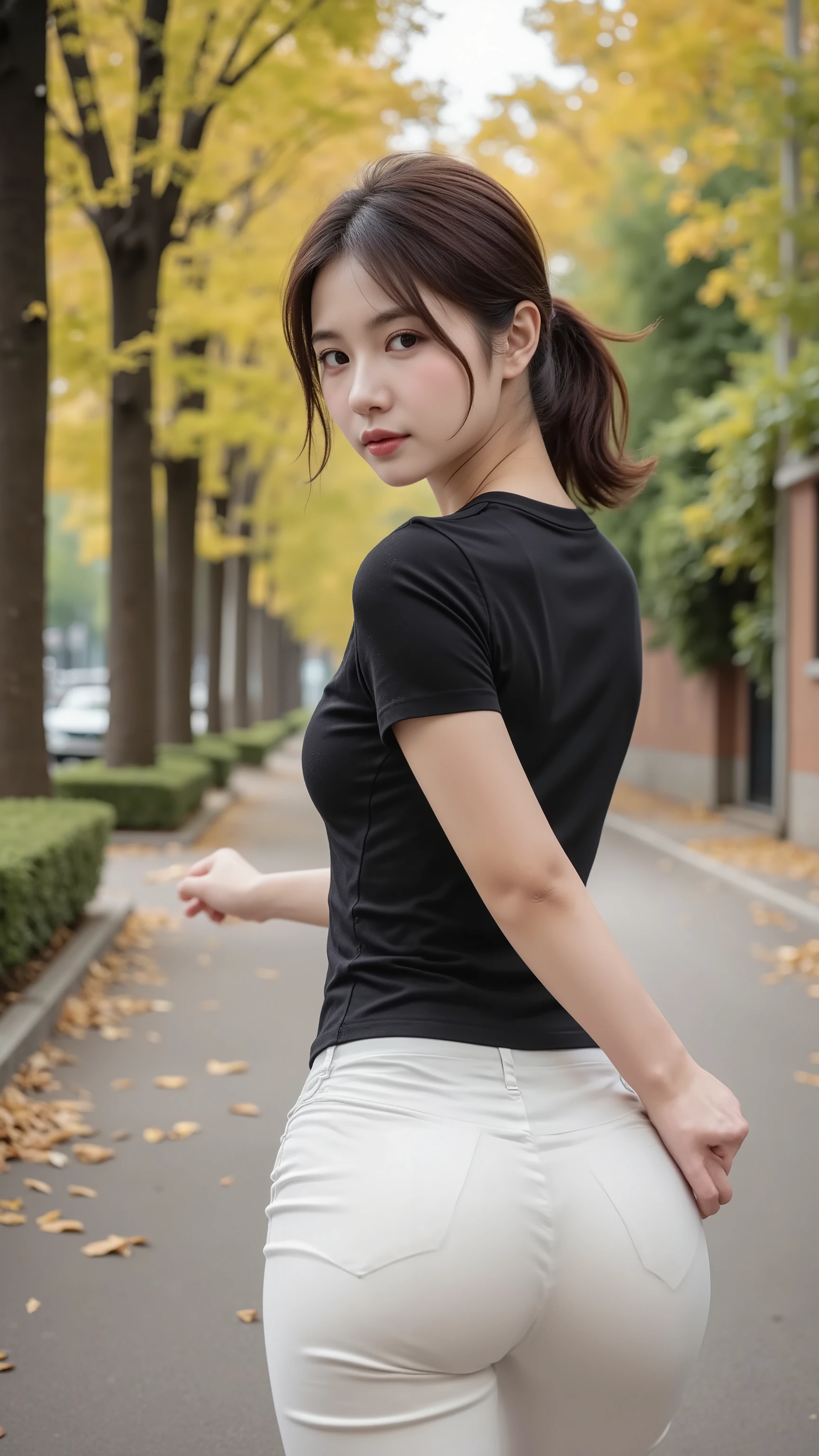 (Japanese),(26 years old), (Slender woman), (Beautiful breasts),double eyelid,Natural Makeup,Thin lips,smile,ponytail,Black Hair,(She is in the nature park),(She has small breasts),(She takes off her bra),(Her breasts are pointed and pointy), (((She wears a big olive-colored t-shirt))), ((She is wearing beige sports tights.)), (Realistic), (Ray Tracing), (Sharp focus), clavicle, (Detailed face), Natural and realistic skin texture, soft face,((Perfect Anatomy:1.4)),(A full view of her slender figure:1.3),(Fit clothing、Sweaty and damp T-shirt:1.3、Tights that fit your genitals and ass:1.3),((See her from a frontal perspective:1.5、See her from below:1.3)),(Tights that reveal the shape of female genitalia:1.5)