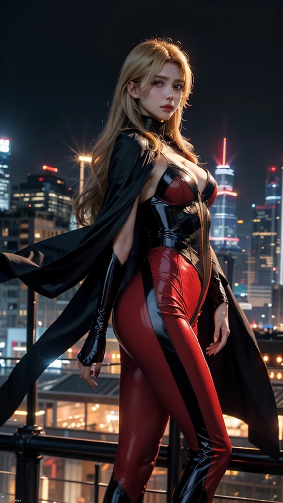((best quality)), ((masterpiece)), (detailed), ((Big tits)), girl, ((venom outfit)), stocking, venom, ((stocking)), ((she wearing a mask)), high heels, ((she wearing a black hood)), ((blonde straight hair)), ((she is standing cross-legged)), full body, (burning city in the background), ((spiderman venom))