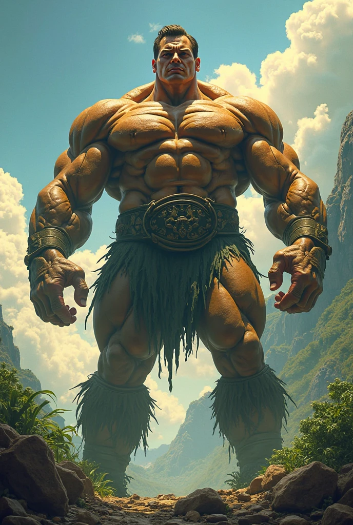 1boy, giant, model shoot style, looking at viewer, standing, illuminating light, outdoor, strong body, bulk, large size, standing, sunmer, in the forest, white short loincloth, prominent bulge, big, brutalmass, giant, muscular body, bulk, massive body, bod, large meaty body size