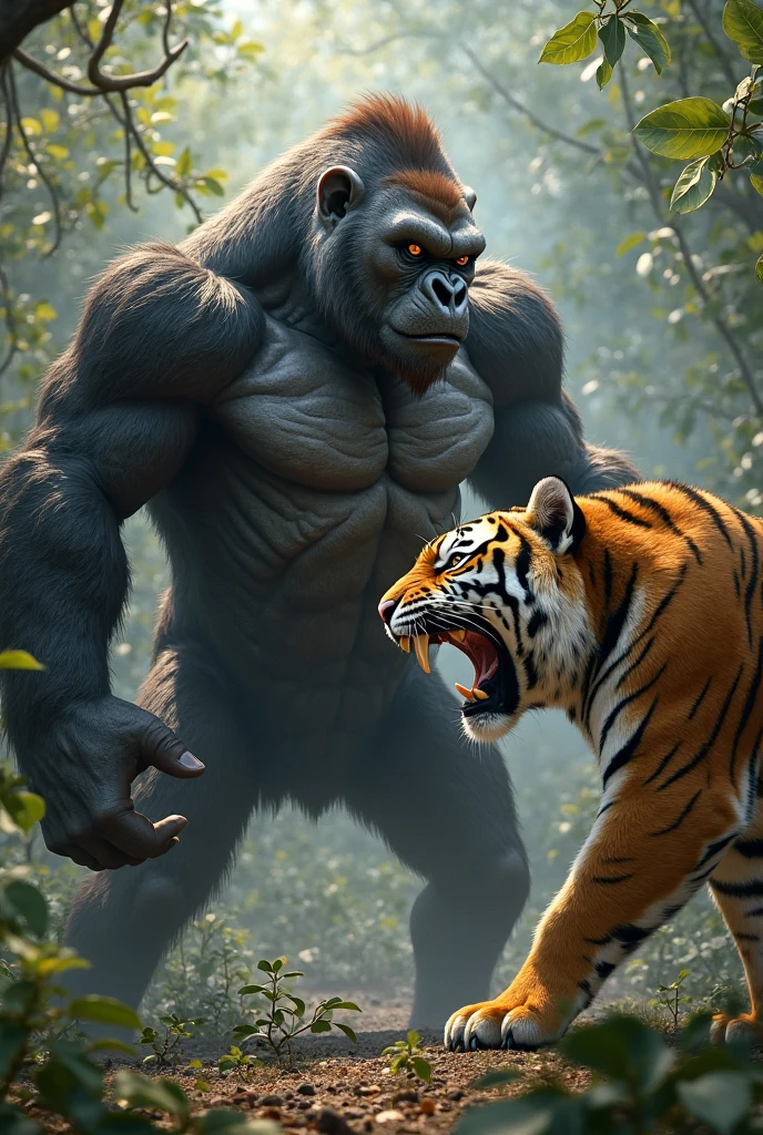 create a realistic image of a large forest, It will feature a 3-meter tall muscular Orangutan fighting a Tiger, Both must have an angry expression as they attack each other.
