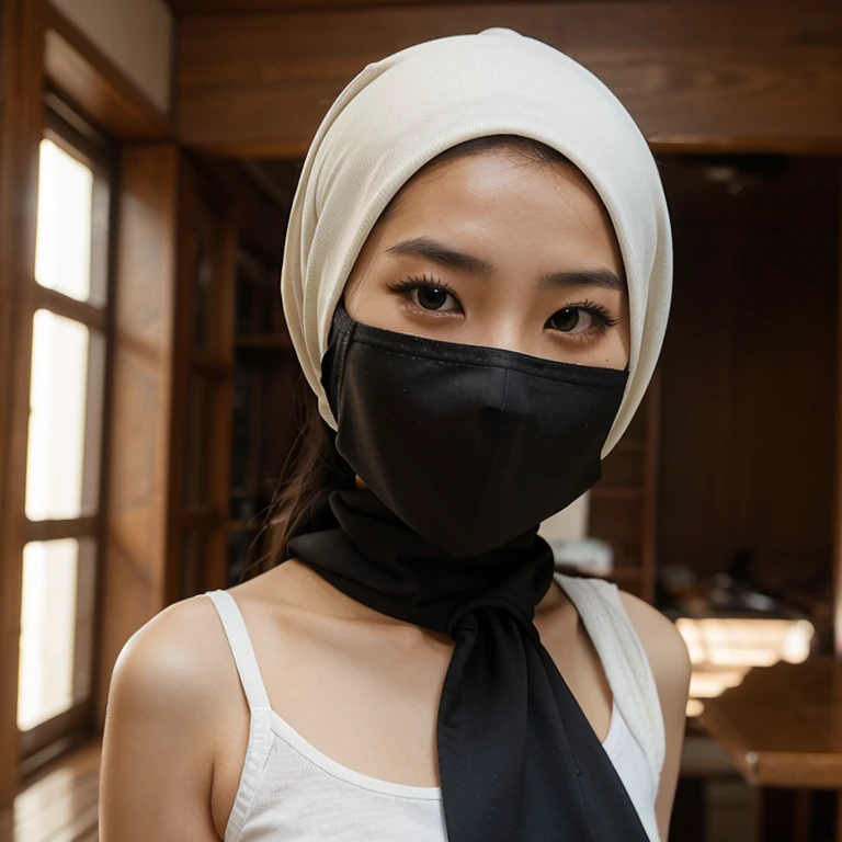 Woman with long white hair braided at the roots with a ponytail wearing a white blouse and white tights holding a revolver serious face black headband covering her eyes and black mask.
Escrito o nome zulema