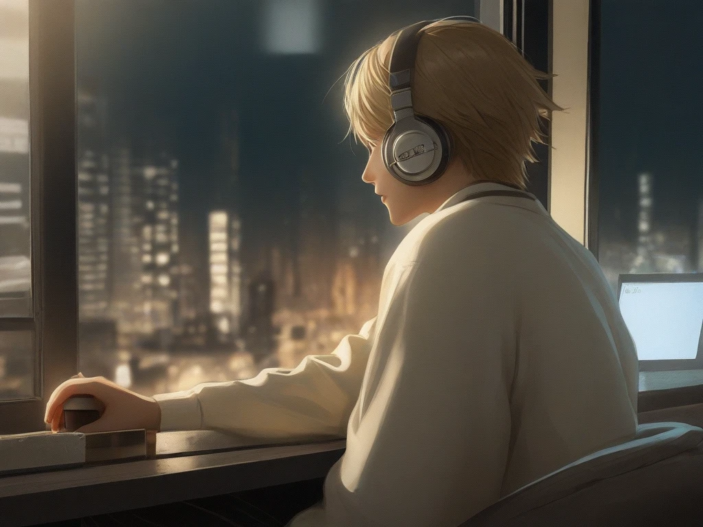 (Masterpiece, Highest Quality, 8K, 16 k, High Quality, Best Quality:1.3, absurderes, high resolucion, digital art, intrikate),High Quality, pixie cut, Pretty blonde, Beautiful blonde, Blue Eyes,1 Girl, natta、studio、the moon、Girl wearing headphones、Late-night room (Late Night Room)、Listen to music alone、City Pop、Low image quality、Lo-Fi(Lo-Fi)、chill、deep night、Single room、A dark room、Outside the window is a night view of the near future、A dark room、Profile、Sitting at a desk、studying、full bodyesbian、Pulling point --auto