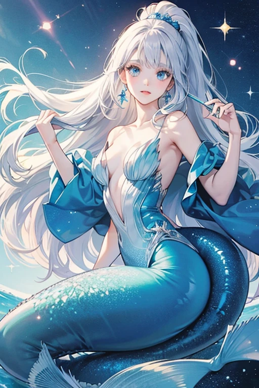 A mermaid, mystical, slender and elegant body, with the upper part being human and the lower one transformed into a scaly tail, skin with luminous and soft tone,Her face is harmonious and charming, large and expressive eyes, long silky hair flowing in sinuous waves, color of her hair in shades of sea-green, dark-blue, on the seabed,   algae, fish, starfish, corals