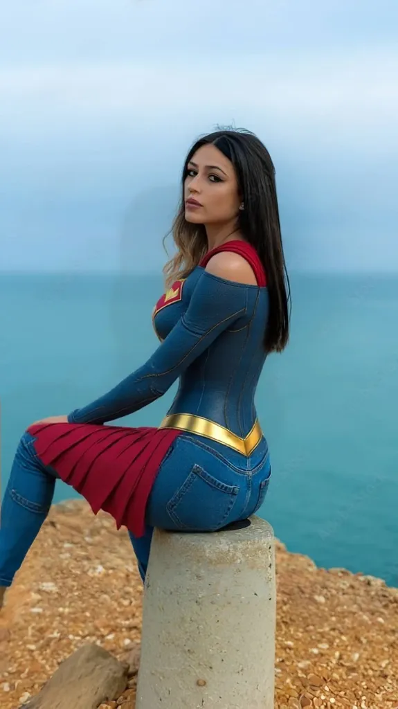 ((mejor calidad, Obra maestra, disparates)),1 chica:1.9, sexy, ( 18 years, ojos azules expresivos, Cabello rubio hasta los hombros, pelo largo,Cabello suelto y esponjoso),Cosplay de Supergirl vestida (Juego de rol personalizado de Super Girl Suite), shorter red skirt,eechi, Terraza en 1 edificio, superchica, escote, tanga diminuta, grande ,  grande butt, small top suit, sexy hero pose, Pezones duros, piel sudorosa, teta lateral, logo de super chica en el pecho