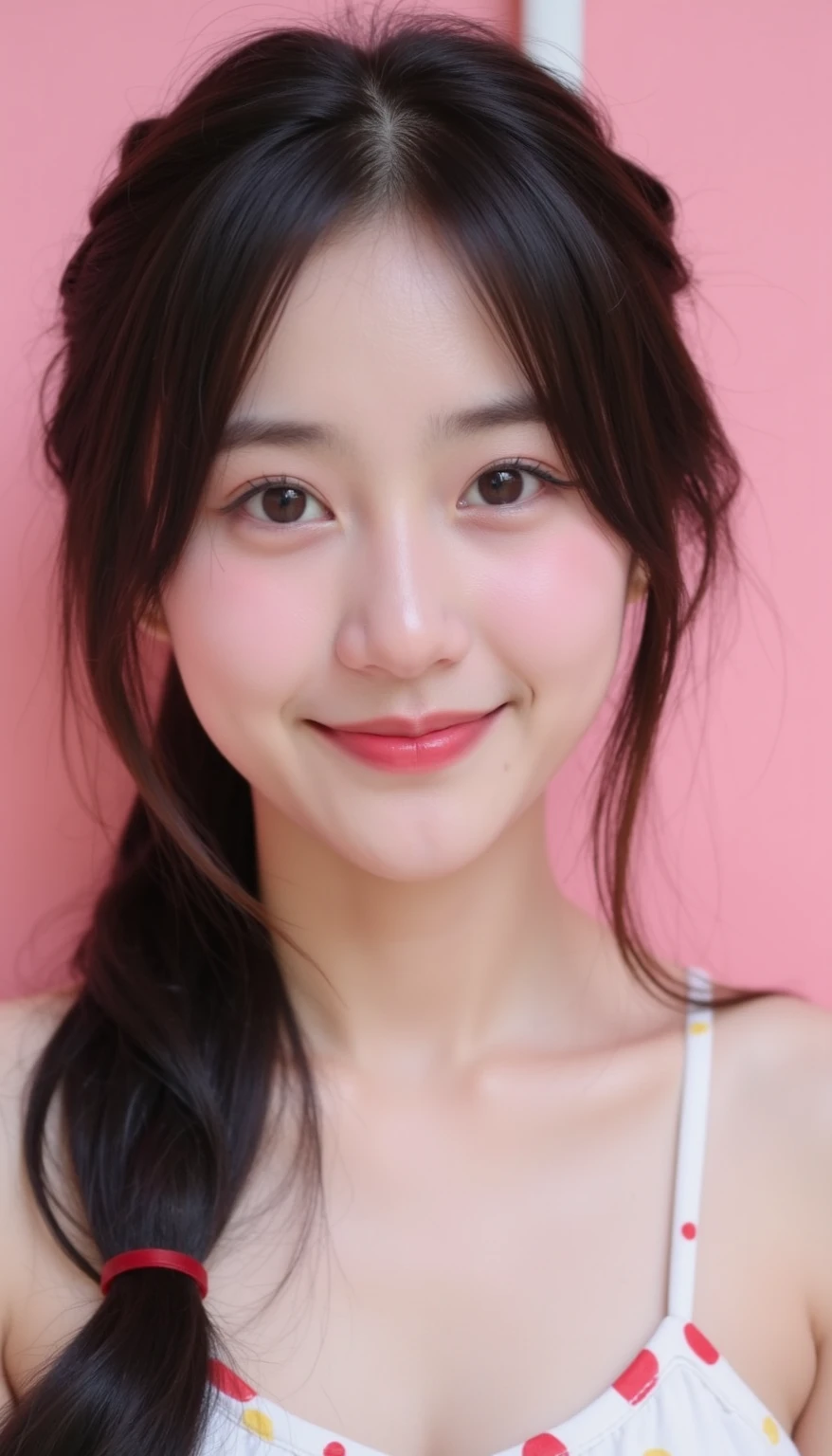 ((top quality, 4k, masterpiece :1.3)), (beautiful body:1.4), very detailed face, detailed eyes, double eyelid, smiling face, long hair, She is one, (open shoulder t-shirt), (Korean ski resort:1.4), (Cute T-shirt:1.4)