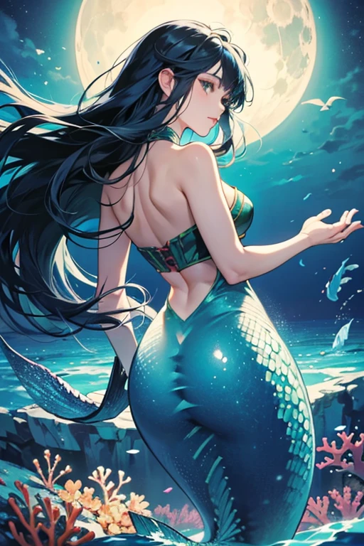 high quality, 4k, 8k, HD, full body, detailed face, (((a beautiful mermaid with flow))), (((proportionate long mermaid tail))), scales, flowing hair. She is sitting on a rock by the sea under the moonlight,surrounded by soft waves and sparkling Sea creatures. (Style: manga fantasy),(details: long hair, black, moonlight, Sea creatures, waves soft),(anatomically correct), mermaid bra, highest quality,high quality,16k, Very detailed,detailed and beautiful eyes, Soft and beautiful skin,Beautiful hair,Carefully draws the details,Complex gradations like watercolors.,Colored glitter,great color balance,happy dream,zentangle elements,rendering,sing colorful spells,((Glitter)),Hologram processing,fantastic,magic effect,Place fine light particles.,Carefully draw the line of the face. ,natural makeup,attractive,perfect proportions, half body, bare half body, black hair. monocromatic.