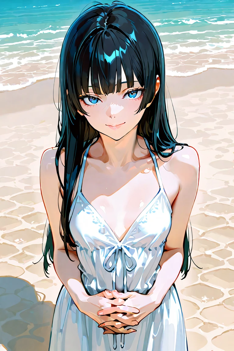 Realistic、1girl、blue hair、blue eyes、gradient eyes,(blue enamel bikini)、cute face,upper body:1.5,beach、wallpaper