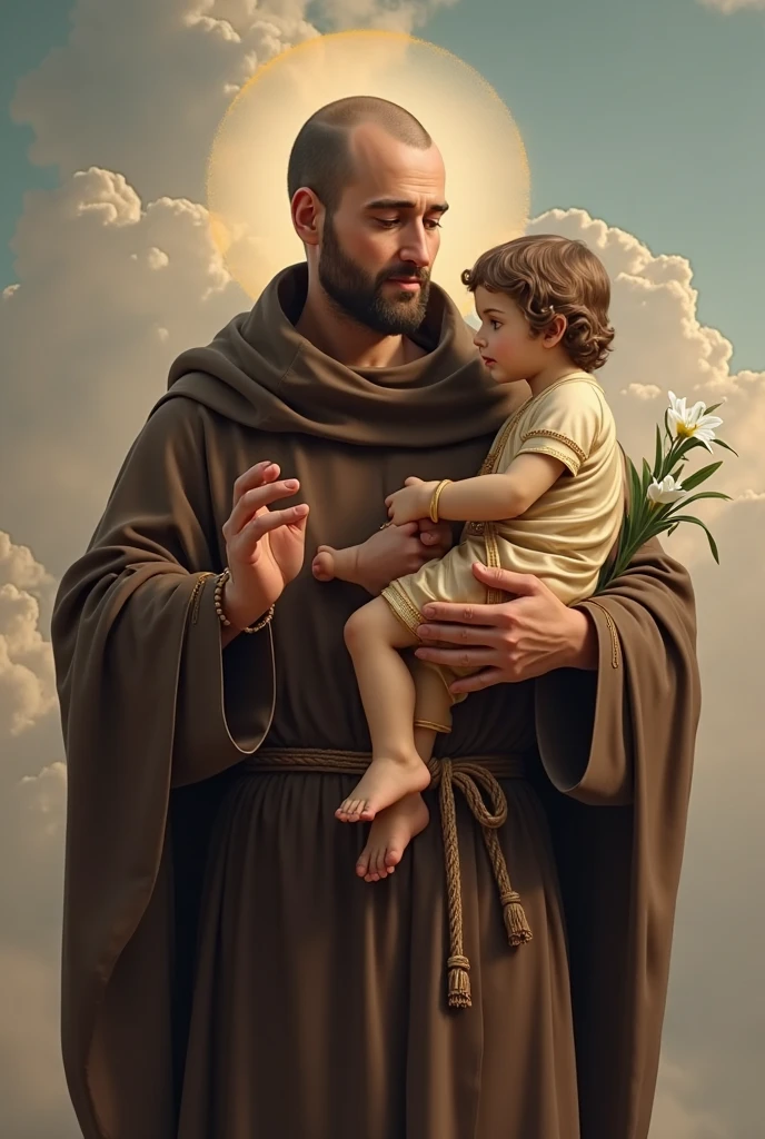 A modern depiction of Saint Anthony without hair, dressed in a simple brown Franciscan friar's tunic. He is holding the Baby Jesus in his arms, with a serene and compassionate expression. The absence of hair enhances your features, giving it a distinguished and venerable appearance. The background is minimalist, with soft tones and lighting that highlights your face and the softness of your expression. The aura around your head is subtle, but present, symbolizing his holiness in a current context. The image combines realism with a modern touch, maintaining the reverence associated with the figure of Saint Anthony.