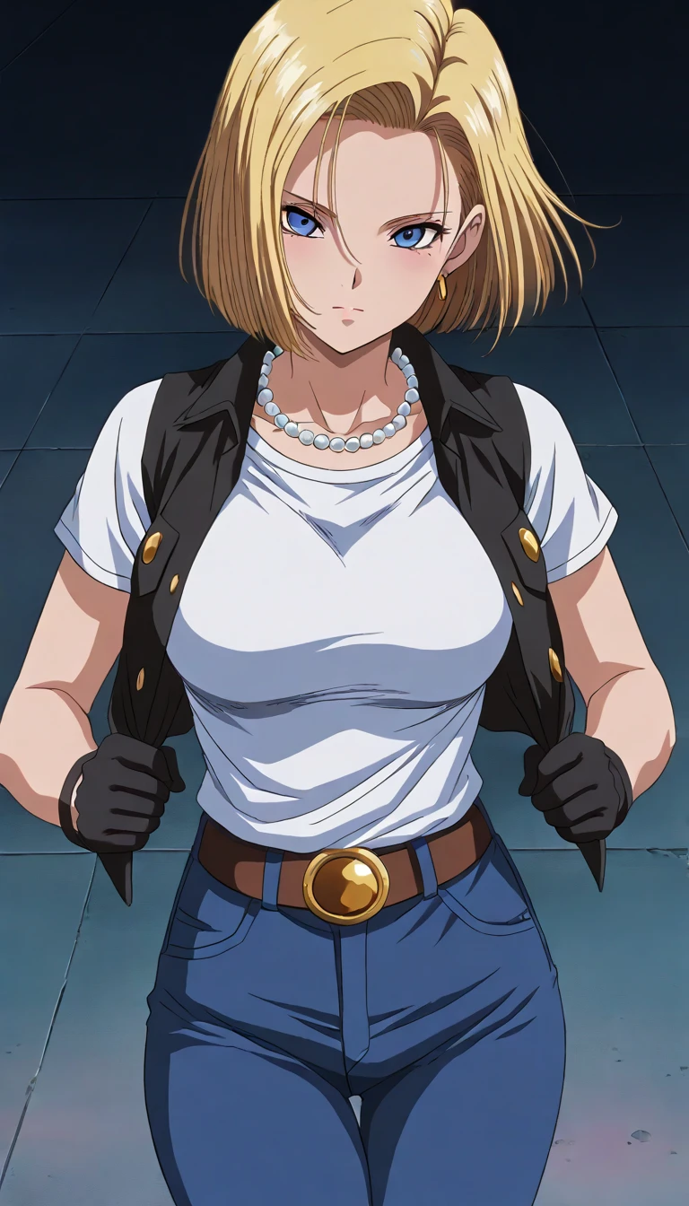 best quality, highres, and18, 1girl, android 18, solo, blonde hair, blue eyes, belt, jeans, pearl_necklace, bracelet, black gloves, white shirt, short hair, short sleeves, earrings, blue pants, open vest, black vest, large breasts, (ruins:1.3), (torn clothes:1.5), sitting, expressionless, crossed legs,