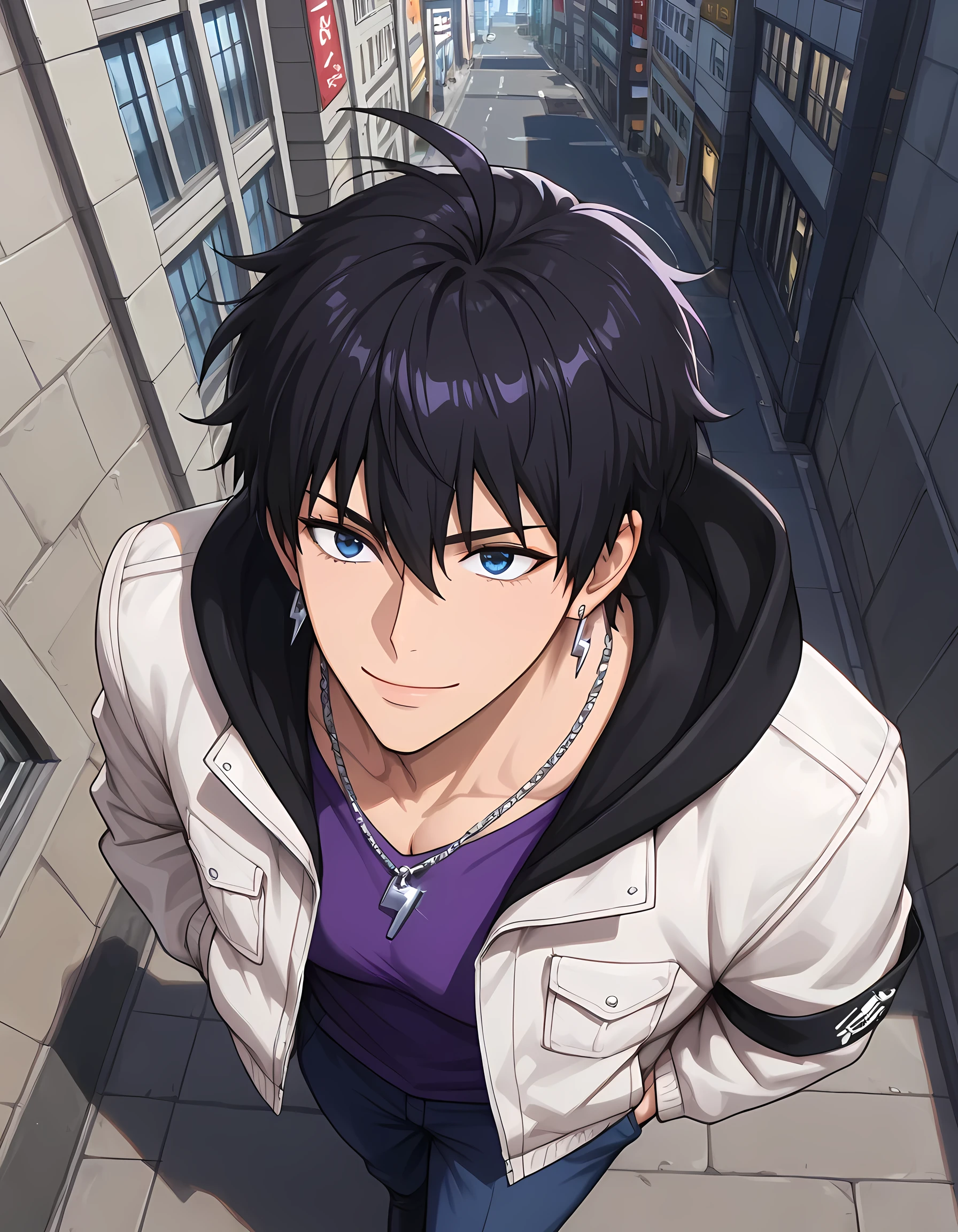 (medium close up, high front angle, shot with an 85mm lens), ((anime skin texture, body style Solo Leveling, perfectly detailed scenery, best image quality, full HD, perfectly detailed appearance, perfectly detailed eyes, 1man, man walking through the city, anime style Japanese city, walking on a street with graffitied walls):1.10), {Sung Jin-woo}:((1man, short messy hair, adult man, strong and developed body, mature man, black hair with purple endings:1.2, blue eyes, black army boots, blue long pants with double pockets, tight purple blouse on defined chest, white jacket with black hood, silver snake earrings:1.2, black cloth armband, perfect lips, fearless gaze, confident smile, panting, silver chain with army pendant, strong arms and legs, thin eyebrows, lightning bolt shaped ahoge:1.2, dual hair color:1.2, lower part of hair in purple tone:1.05)).