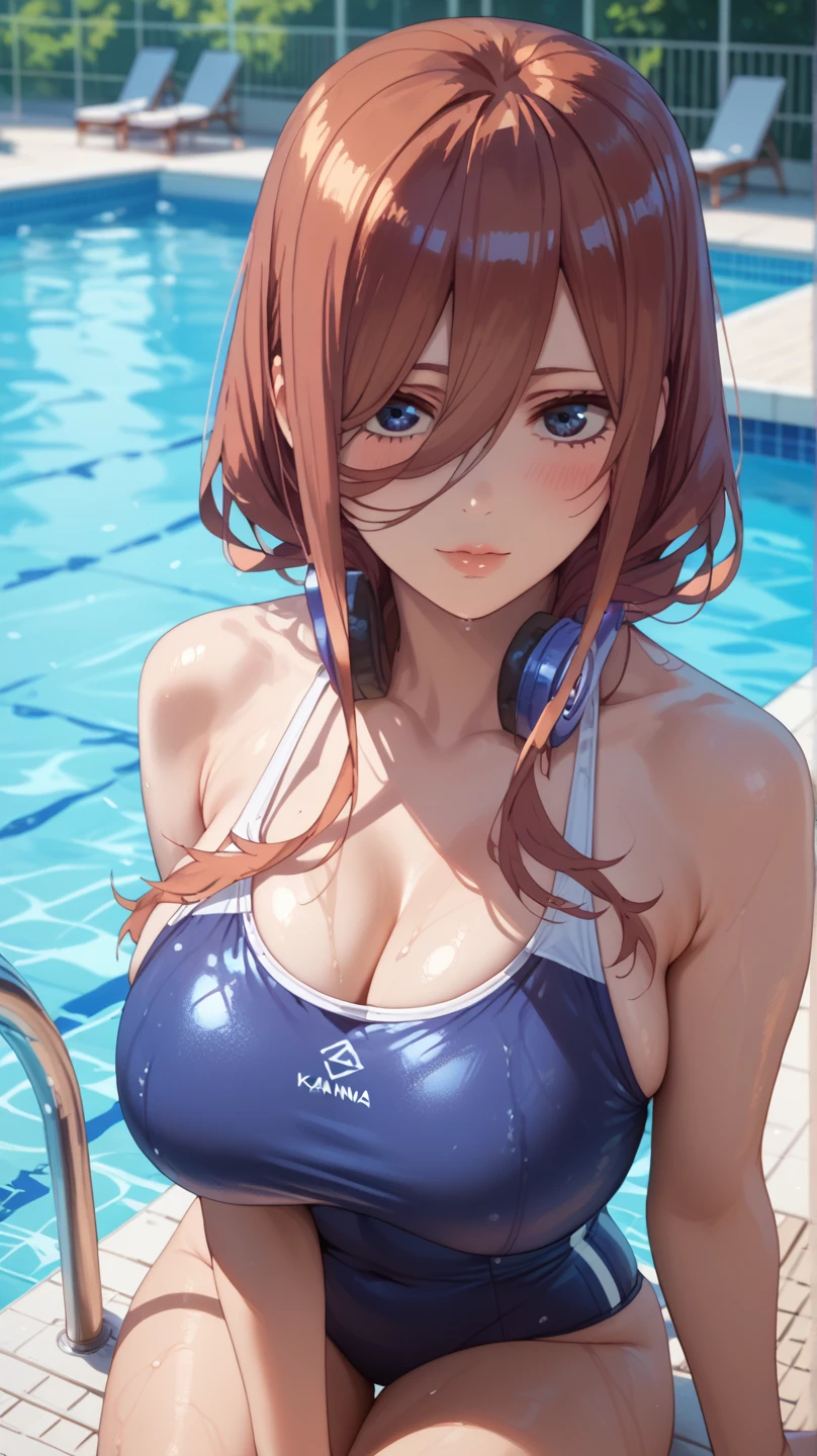 ultra 8k cg, picture-perfect face, perfect face, beautiful face, realistic, hyperrealistic, masterpiece, high quality, best quality, flawless, clean, all intricate, 1girl, solo, shiny glossy skin, miku nakano, long hair, bangs, blue eyes, brown hair, hair between eyes, headphones, headphones around neck, nude, bangs, Bathing in the hot springs, Open-air bath in summer, pubic hair, large breast, looking at viewer, gentle smile,