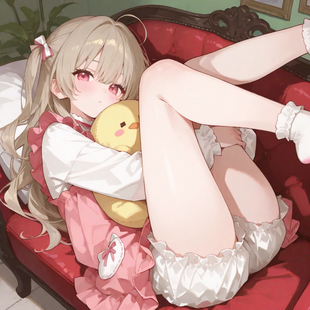 beste-Qualit， ultra-high-resolution， 1girl huge large breasts， 独奏， Flemish scarlet， White soft cap， Red Hat bow， blone hair， a side ponytail， red eyes， shinning eyes， fang， red tank top， shortsleeves， Fluffy sleeves， Yellow Ascot， Red frilled skirt， （Crystal wings：1.2）， bobby socks， Mary Janes， redfootwear， laughingly， （（evil smile））， looking looking at viewer， face the front， Upper body body， sportrait，ultra-high-resolution，Best quality white stockings，Lace socks，Burpee socks，overknee socks，Exudes a cute and shy atmosphere，4K，whitestocking，Plantar of the foot，Foot wrap