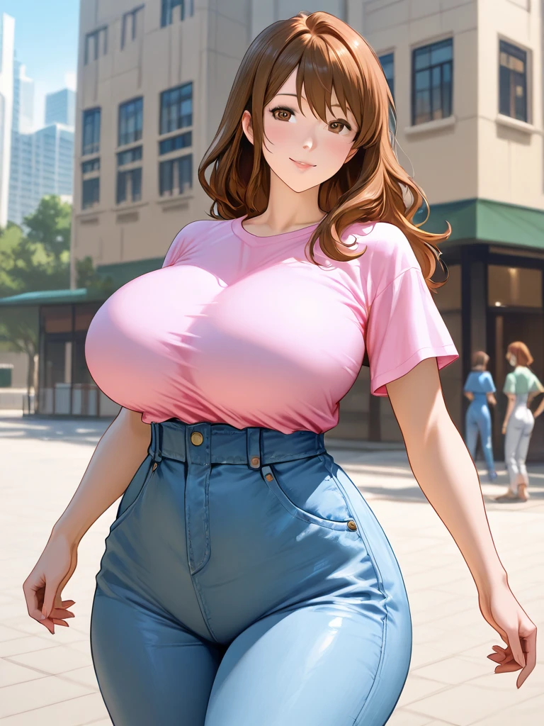 sidewalk, city, blue sky, from below, underboobs, woman, cropped-fc, huge breasts,, btpt-fc, cropped sweater, midriff, sweater, 1girl, detailed face, illustrated