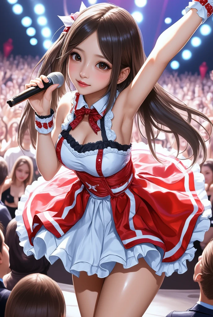 highest quality、All limbs、full finger、Slender beauty、brown hair、Dereste、red, 白とredのアイドル衣装:1.1、knee socks、beautiful big breasts、live stage、sing、holding a microphone, dancing, big smile、(redリボン付き白の横紐レースパンティー :1.1), The skirt is flipped by the wind, show off panties