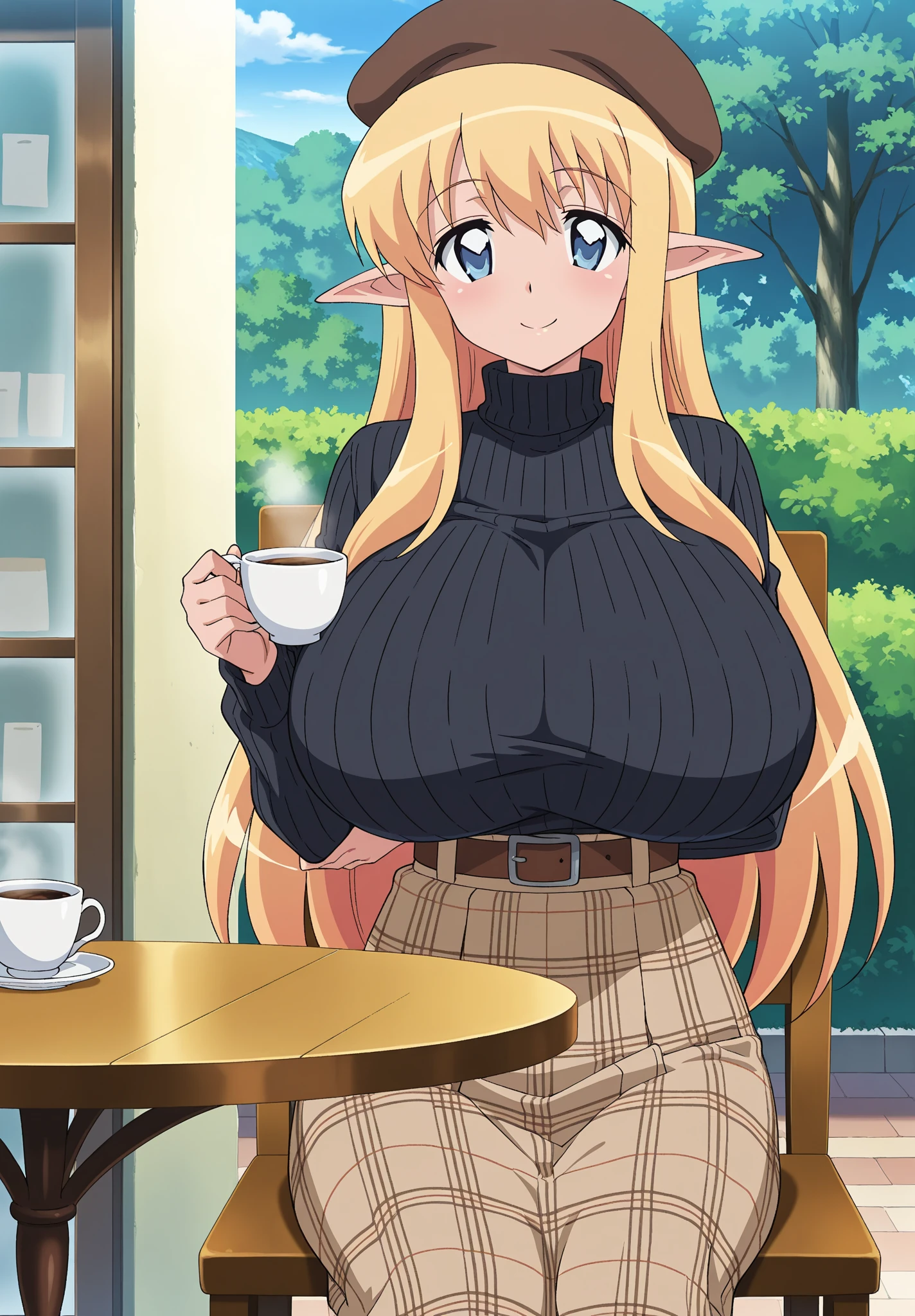 brow skin, blonde hair, a horn on her forehead, elf ears, ambar eyes, smile, massive breasts oversized, chubby, in a cafeteria, sitted on a chair, thicc thigs, tight dress highlighting her breasts