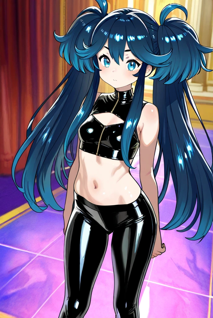 Amazing portrait of a sexy woman with a beautiful face covered with makeup with blue eye shadow and blue eyeliner emphasizing her seductive eyes and her long black hair in a long ponytail wearing a small blue necklace and silver hoop earrings and a short blue strapless top showcasing her bare shoulders and midriff paired with long blue bell bottom leggings and high heels