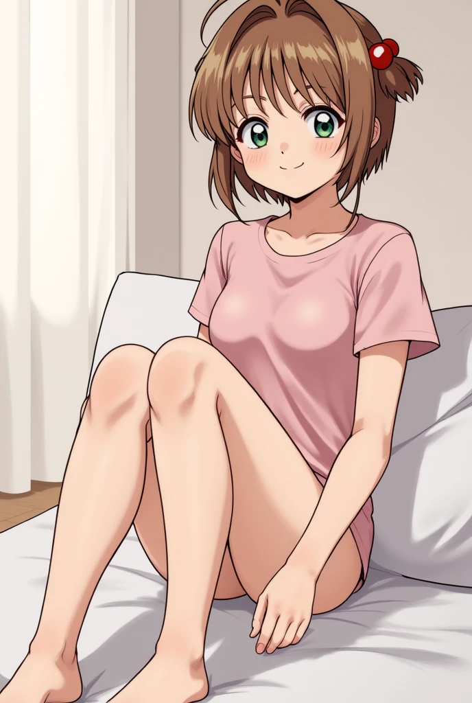 (masterpiece, high quality, 32k anime quality, high quality photo quality, retro art style very detailed, perfect anatomy, NSFW, uncensored), one girl, alone, (tsujimoto natsumi, full nude, tan, dark skin, (beautiful eye detail), blue eyes, (brown hair, short hair, thick parted in the middle, hair blowing in the wind), pink lips, smiling, cowboy shot, collarbone, (big boobs: 1.4, realistic nipples, realistic areola), (hard chest, beautiful breasts), thin waist: 0.4, wide hips 1.1, (realistic pussy, clitoris, urethral opening, vaginal vestibule, open vaginal opening, posterior labial commissure), super detailed, beautiful labia majora), (realistic anus, in detail), (lying on back, legs spread), looking at viewer, (bedroom background, on bed), (front view, focus on crotch),