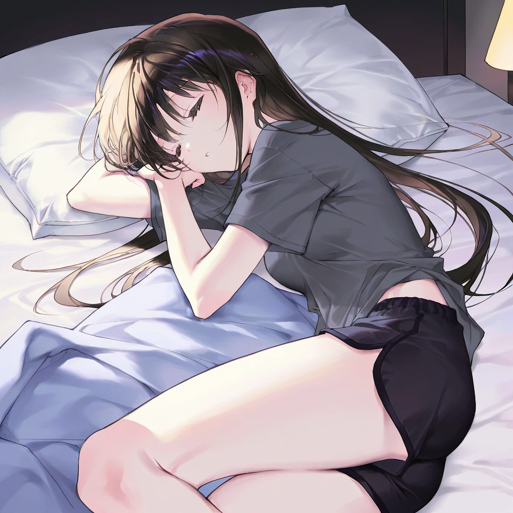 high quality, 最high quality、 Stylish design, (((The cutest girl))), ((Thin legs))、(((最high quality))), High resolution, ((detailed)), ((masterpiece)), ((Super detailed)), 17-year-old girl、Black Hair、Inner Color、((Lying on your back in bed)),((Sexual))