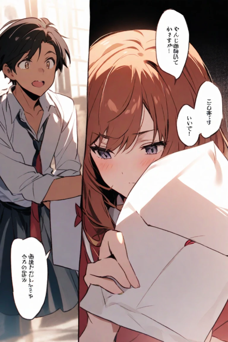 anime, two people, one beautiful female with long brown hair and no glasses and wearimg a collar with a leash, the other person is a male with short dark brown hair and black rimmed glasses and holding the leash in bed in his hand, they are boyfriend and girlfriend, in bed