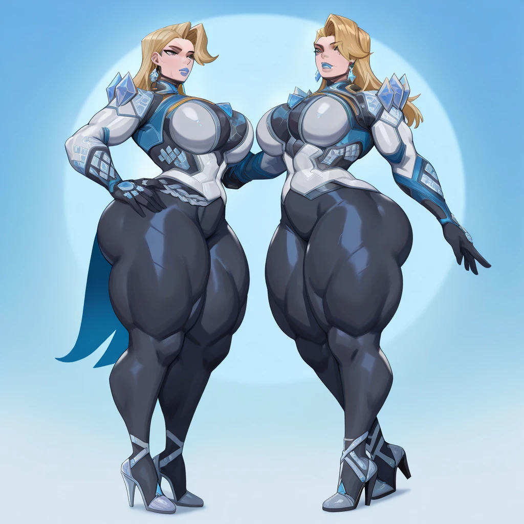 Masterpiece, ((Massive Female Bodybuilder:1.5)), ((huge breasts:1.5)), Hyperrealistic, front fullbodyshot of a beautiful Draenei female from world of warcraft, totally naked, (NSFW), Perfect face features with expressive glowing golden eyes, long blonde hair with braids, pointy ears, big ram horns, ((wide hips)), thin deer nose, forhead glowing rune. Perfect body shape curvy and muscular thick body, slim waist, clivage, thick thighs, ((long legs)), ((huge muscular ass)), glowing body tattoos