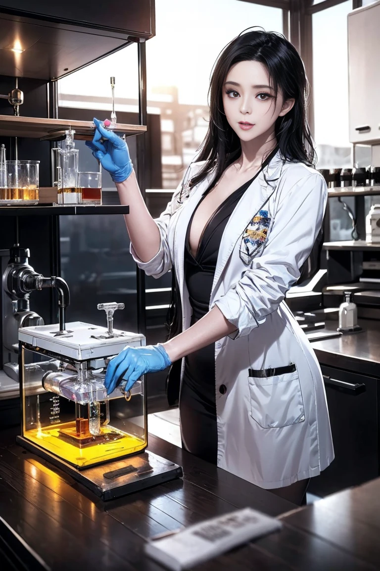 "Depict Bulma in her Capsule Corporation attire from Dragon Ball Z,no having clothes, wearing a lab coat over a blue outfit with the Capsule Corp logo, have massive k-cups, in a high-tech laboratory filled with futuristic gadgets and machinery."