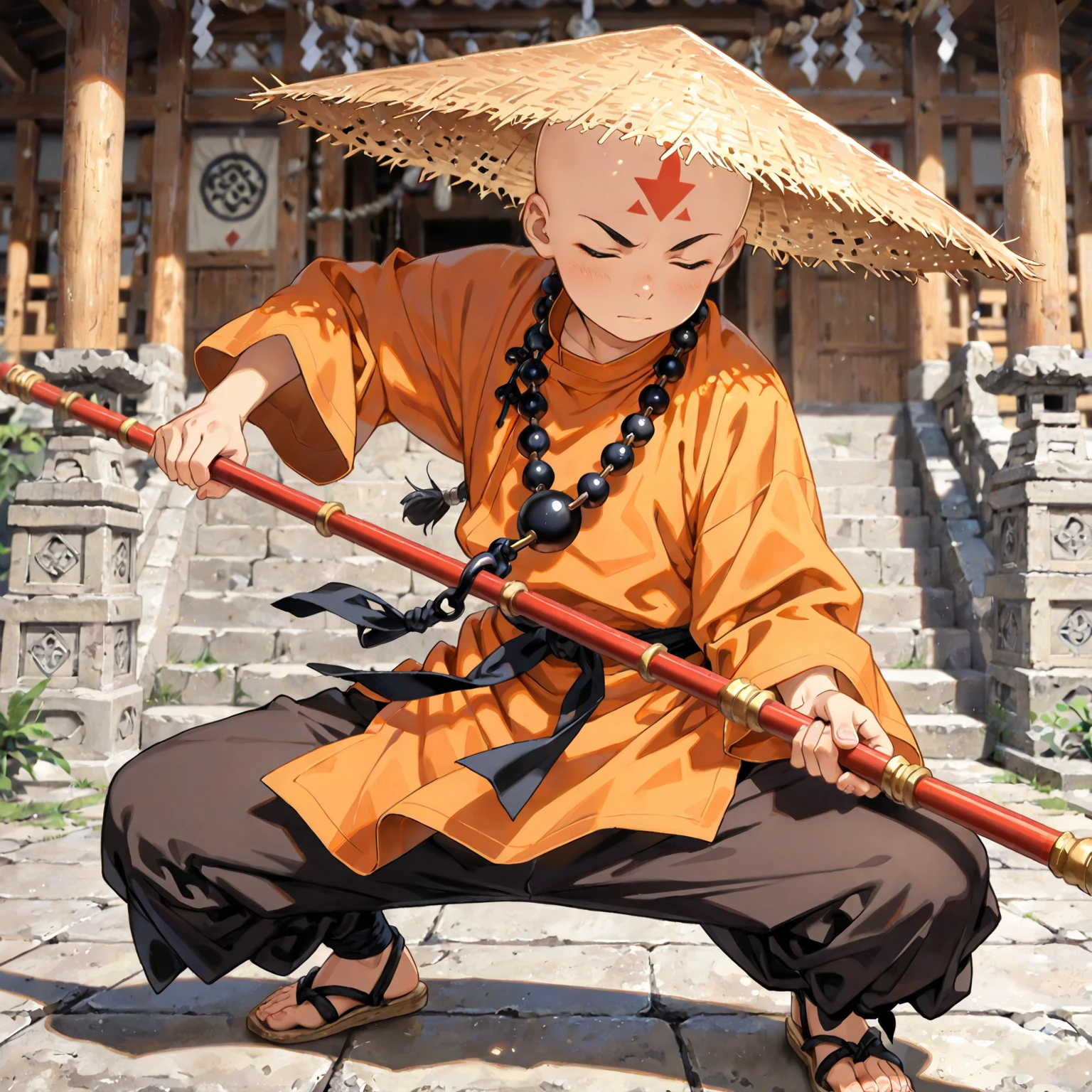 (masterpiece, Highest quality:1.2), (1boy), young adult, tall, ,solo,monk beads, bald, Straw Hat, Eyes closed, holding a bo staff, Orange and yellow Chinese monk clothing, Air temple background, marital art's stance ,a short breeze is behind him, wind's flowing.