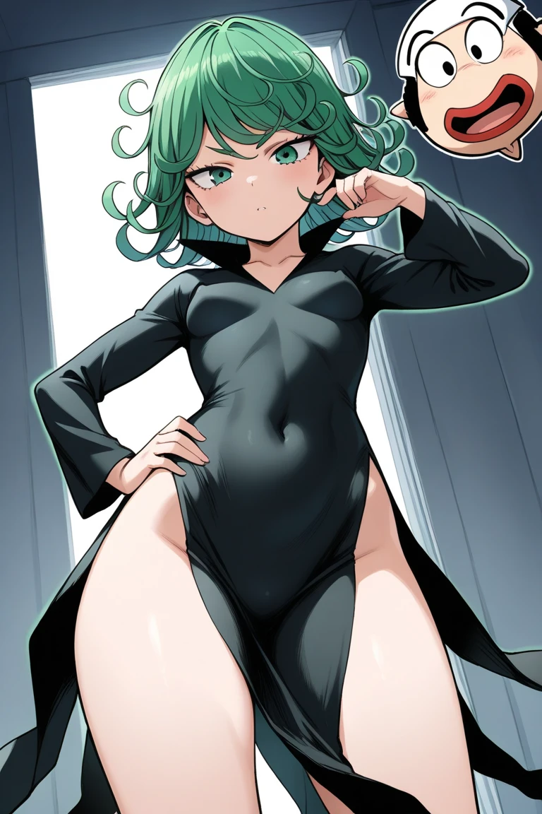Masterpece, high quality, 1girl, tatsumaki one punch man, green hair, churly hair, green eyes, black wear, black clothes, fullbody, naked, Sexy hentai art, realistic, detail, 8k
