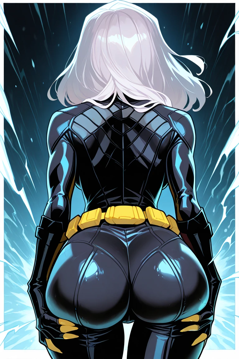 Female agent, strong figure, straight breasts, tall, long legs, thin and transparent tights, {{huge_breast}}, {{latex}}, {{glossy}}, {slim}, fair skin, {black_stockings}, supreme details, slightly curly hair, long bangs, white hair, holes in clothes, bending down to pick up things, peach buttocks perfectly displayed, {back perspective}