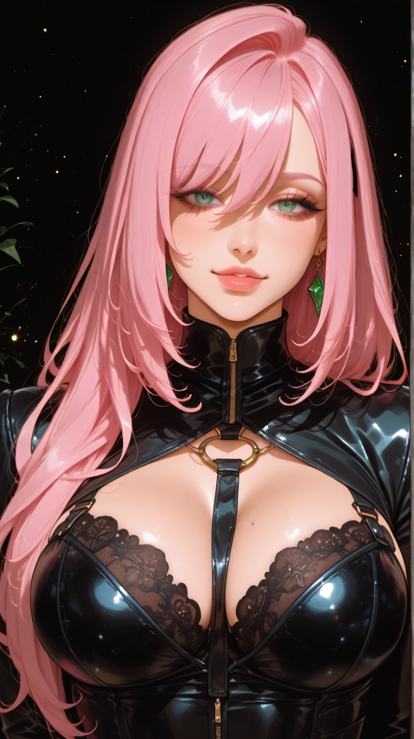 1girl, pink hair, long hair,  hd quality, 4k, 8k,,eyes, face, , evil, dark, face closeup, face, evil smirk, fangs, black background, face close up. dominant, dark, sideways, sideview villain, hair clip,
