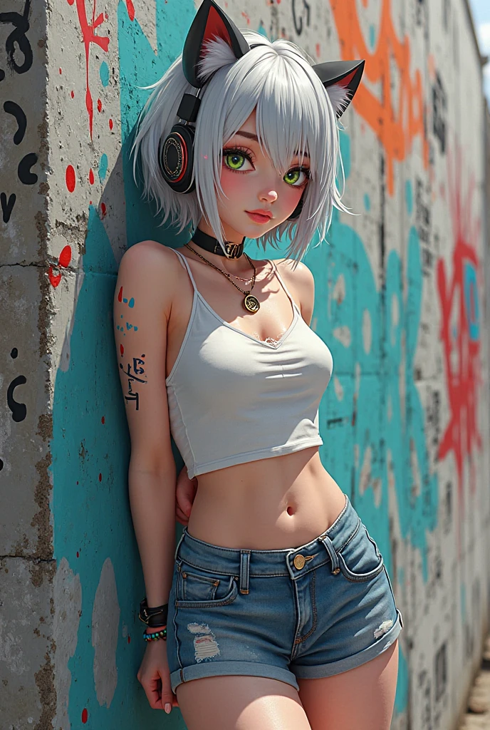 ((masterpiece)),(Realistic), 32K, (One girl), ((From the side)) mannequin,Beautiful woman with perfect figure, Cute Face, Beautiful expression, (A vivid face), Beautiful hairstyle, Realistic eyes, Beautiful details, (Realistic Skin), Beautiful skins, sitting by the window, Hyper HD, Ultra-realistic, Realistic, Very detailed, Breaking Female Soldier Solo, Crop top, Denim shorts, choker, (graffiti:1.5), Paint splashes, Put your arms behind your back, Against the wall, Looking up at the viewer, Wristband, Thigh straps, Paint on body, Tilt your head, i'm bored, Multicolored Hair, Aqua Eye, headset,In a completely different expression。