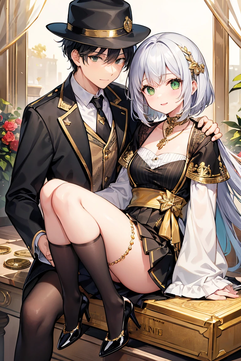 Anime-style image, young nobleman in the background, exuding an air of sophistication, elegantly dressed in a regal suit, emerald-green eyes, and white hair. In the foreground, depict a futuristic city at night, with a gentle rain falling