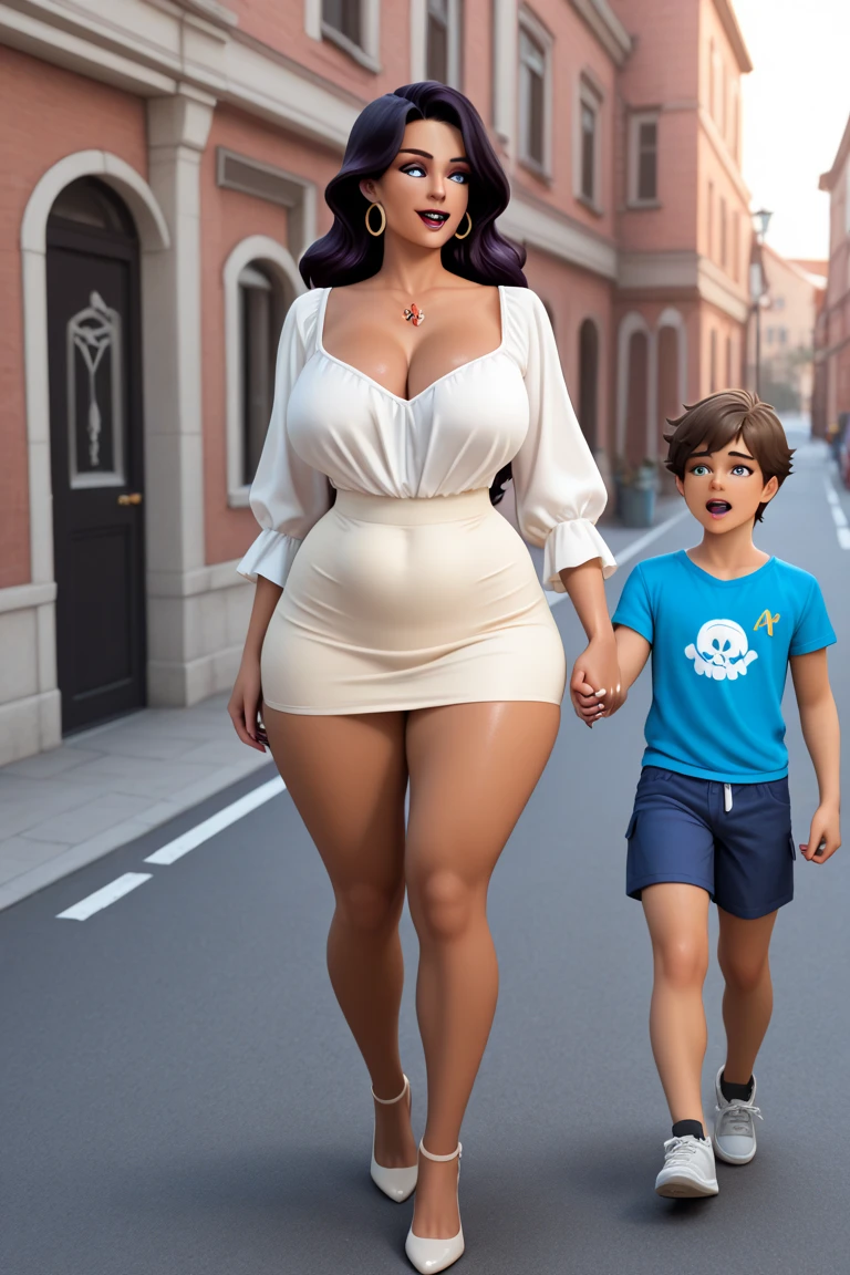 floral blouse, (big giant enormous oversized massive huge colossal breasts:1.5), (gigantic sagging breasts:1.5), symmetric breasts, wavy very long hair, husband, two daughters